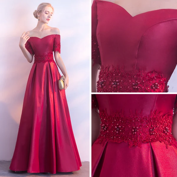 Modest / Simple Burgundy Evening Dresses 2017 A-Line / Princess Off-The-Shoulder Short Sleeve Appliques Lace Pearl Floor-Length / Long Backless Formal Dresses