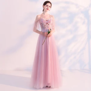 Sexy Rougissant Rose Percé Robe De Soirée 2018 Princesse Bretelles Spaghetti Manches Courtes Appliques En Dentelle Perle Perlage Longue Volants Dos Nu Robe De Ceremonie
