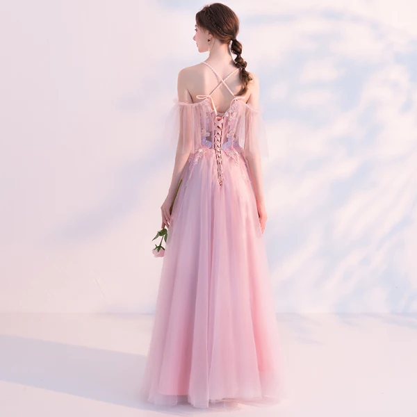 Sexy Rougissant Rose Percé Robe De Soirée 2018 Princesse Bretelles Spaghetti Manches Courtes Appliques En Dentelle Perle Perlage Longue Volants Dos Nu Robe De Ceremonie