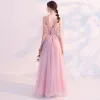 Sexy Blushing Pink Pierced Evening Dresses  2018 A-Line / Princess Spaghetti Straps Short Sleeve Appliques Lace Pearl Beading Floor-Length / Long Ruffle Backless Formal Dresses