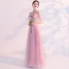 Sexy Blushing Pink Pierced Evening Dresses  2018 A-Line / Princess Spaghetti Straps Short Sleeve Appliques Lace Pearl Beading Floor-Length / Long Ruffle Backless Formal Dresses