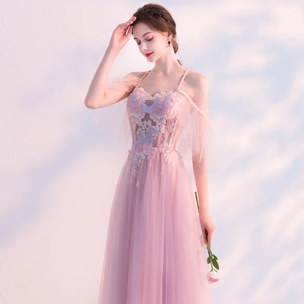 Sexy Rougissant Rose Percé Robe De Soirée 2018 Princesse Bretelles Spaghetti Manches Courtes Appliques En Dentelle Perle Perlage Longue Volants Dos Nu Robe De Ceremonie