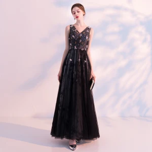 Chic Beautiful Black Prom Dresses 2018 A Line Princess V Neck Sleeveless Appliques Flower Beading Ankle Length Ruffle Backless Formal Dresses