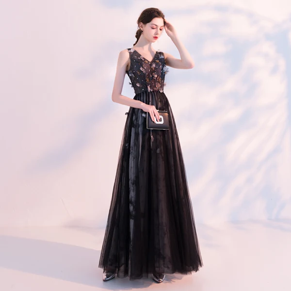 Chic / Beautiful Black Prom Dresses 2018 A-Line / Princess V-Neck Sleeveless Appliques Flower Beading Ankle Length Ruffle Backless Formal Dresses