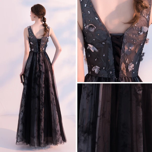 Chic / Beautiful Black Prom Dresses 2018 A-Line / Princess V-Neck Sleeveless Appliques Flower Beading Ankle Length Ruffle Backless Formal Dresses