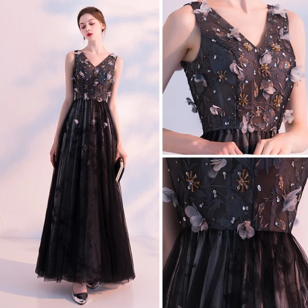 Chic / Beautiful Black Prom Dresses 2018 A-Line / Princess V-Neck Sleeveless Appliques Flower Beading Ankle Length Ruffle Backless Formal Dresses