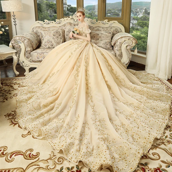 Luxury / Gorgeous Champagne Wedding Dresses 2018 Ball Gown Spaghetti Straps Puffy Short Sleeve Backless Appliques Lace Beading Pearl Cathedral Train Ruffle