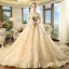 Luxury / Gorgeous Champagne Wedding Dresses 2018 Ball Gown Spaghetti Straps Puffy Short Sleeve Backless Appliques Lace Beading Pearl Cathedral Train Ruffle