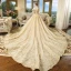 Luxury / Gorgeous Champagne Wedding Dresses 2018 Ball Gown Spaghetti Straps Puffy Short Sleeve Backless Appliques Lace Beading Pearl Cathedral Train Ruffle