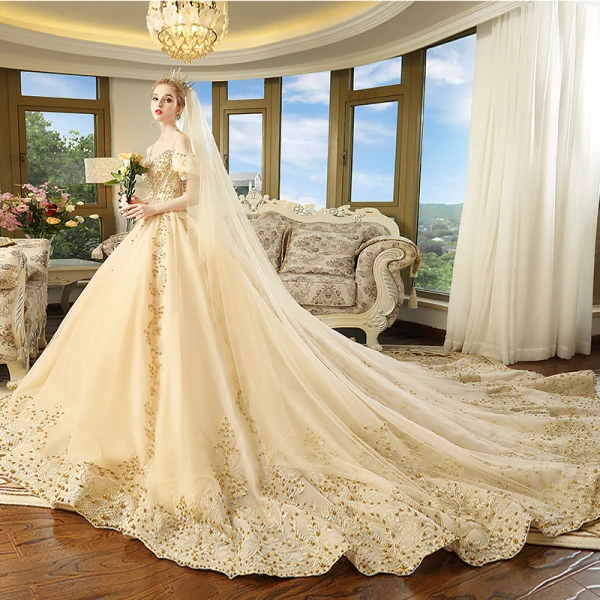 Luxury / Gorgeous Champagne Wedding Dresses 2018 Ball Gown Spaghetti Straps Puffy Short Sleeve Backless Appliques Lace Beading Pearl Cathedral Train Ruffle
