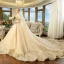 Luxury / Gorgeous Champagne Wedding Dresses 2018 Ball Gown Spaghetti Straps Puffy Short Sleeve Backless Appliques Lace Beading Pearl Cathedral Train Ruffle