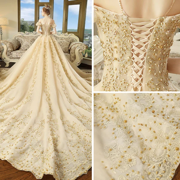 Luxury / Gorgeous Champagne Wedding Dresses 2018 Ball Gown Spaghetti Straps Puffy Short Sleeve Backless Appliques Lace Beading Pearl Cathedral Train Ruffle