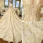 Luxury / Gorgeous Champagne Wedding Dresses 2018 Ball Gown Spaghetti Straps Puffy Short Sleeve Backless Appliques Lace Beading Pearl Cathedral Train Ruffle