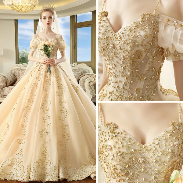 Luxury / Gorgeous Champagne Wedding Dresses 2018 Ball Gown Spaghetti Straps Puffy Short Sleeve Backless Appliques Lace Beading Pearl Cathedral Train Ruffle