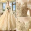 Luxury / Gorgeous Champagne Wedding Dresses 2018 Ball Gown Spaghetti Straps Puffy Short Sleeve Backless Appliques Lace Beading Pearl Cathedral Train Ruffle