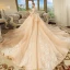 Luxury / Gorgeous Champagne Wedding Dresses 2018 Ball Gown Off-The-Shoulder Short Sleeve Backless Beading Appliques Lace Cathedral Train Ruffle
