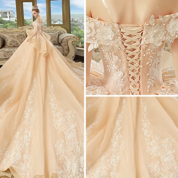 Luxury / Gorgeous Champagne Wedding Dresses 2018 Ball Gown Off-The-Shoulder Short Sleeve Backless Beading Appliques Lace Cathedral Train Ruffle