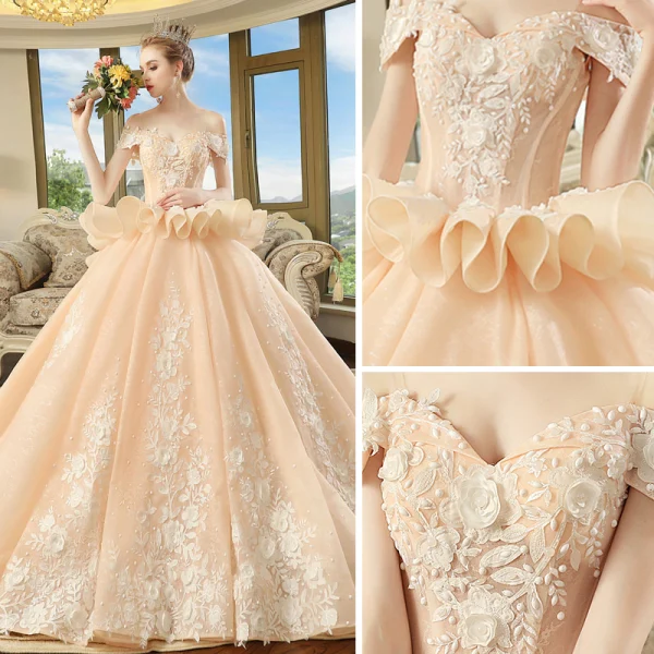 Luxury / Gorgeous Champagne Wedding Dresses 2018 Ball Gown Off-The-Shoulder Short Sleeve Backless Beading Appliques Lace Cathedral Train Ruffle