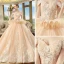 Luxury / Gorgeous Champagne Wedding Dresses 2018 Ball Gown Off-The-Shoulder Short Sleeve Backless Beading Appliques Lace Cathedral Train Ruffle