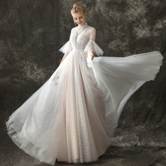 Vintage Originale Champagne Transparentes Robe De Mariée 2018 Princesse Col Haut Manches De Cloche Tachetée Tulle Train De Balayage Volants
