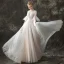 Vintage / Retro Champagne See-through Wedding Dresses 2018 A-Line / Princess High Neck Bell sleeves Spotted Tulle Sweep Train Ruffle