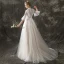 Vintage / Retro Champagne See-through Wedding Dresses 2018 A-Line / Princess High Neck Bell sleeves Spotted Tulle Sweep Train Ruffle