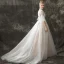 Vintage / Retro Champagne See-through Wedding Dresses 2018 A-Line / Princess High Neck Bell sleeves Spotted Tulle Sweep Train Ruffle