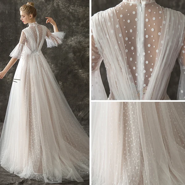 Vintage / Retro Champagne See-through Wedding Dresses 2018 A-Line / Princess High Neck Bell sleeves Spotted Tulle Sweep Train Ruffle