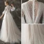 Vintage / Retro Champagne See-through Wedding Dresses 2018 A-Line / Princess High Neck Bell sleeves Spotted Tulle Sweep Train Ruffle