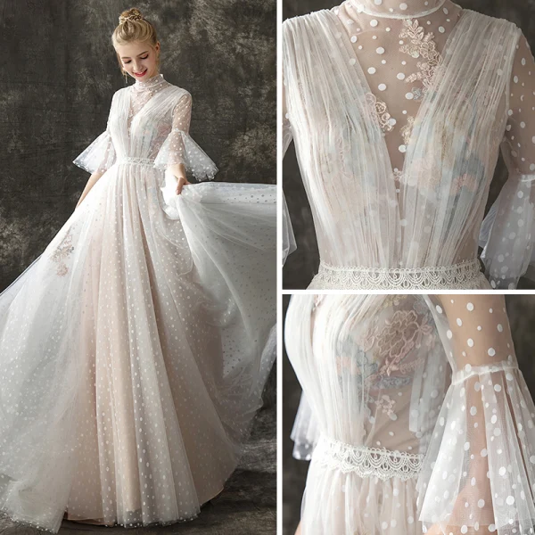 Vintage / Retro Champagne See-through Wedding Dresses 2018 A-Line / Princess High Neck Bell sleeves Spotted Tulle Sweep Train Ruffle