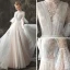 Vintage / Retro Champagne See-through Wedding Dresses 2018 A-Line / Princess High Neck Bell sleeves Spotted Tulle Sweep Train Ruffle