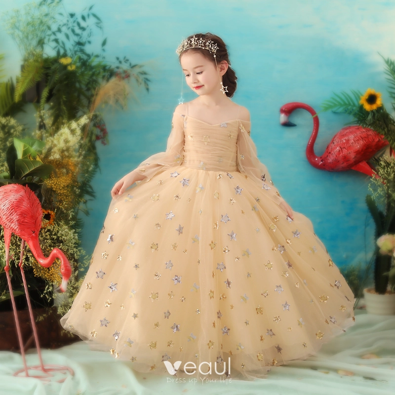 Elegant Gold Flower Girl Dresses 2018 A-Line / Princess Spaghetti Straps Long Sleeve Star Sequins Glitter Tulle Floor-Length / Long Ruffle Backless