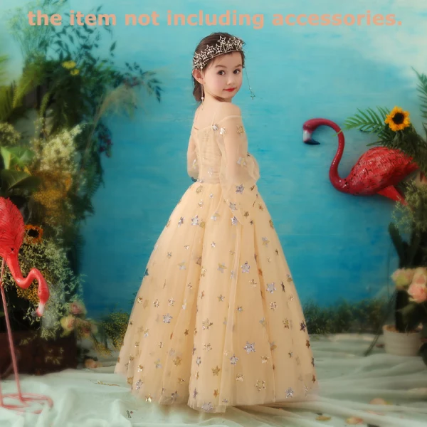 Elegant Gold Flower Girl Dresses 2018 A-Line / Princess Spaghetti Straps Long Sleeve Star Sequins Glitter Tulle Floor-Length / Long Ruffle Backless Wedding Party Dresses
