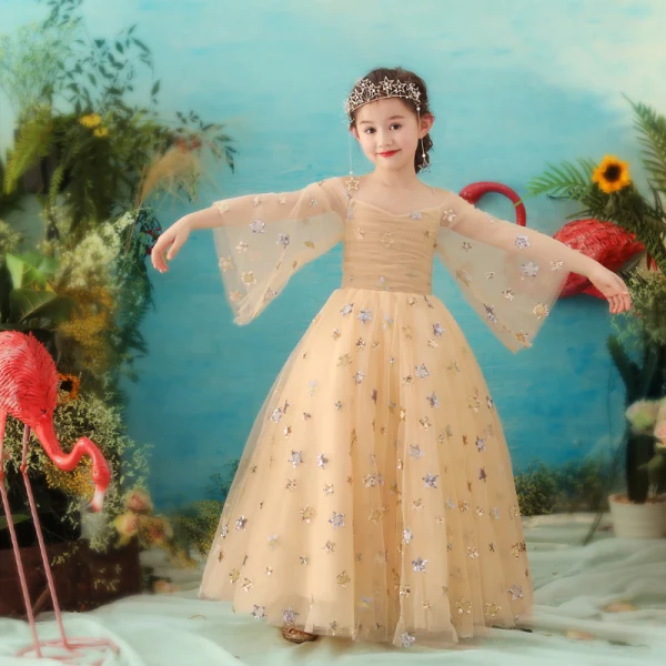 Elegant Gold Flower Girl Dresses 2018 A-Line / Princess Spaghetti Straps Long Sleeve Star Sequins Glitter Tulle Floor-Length / Long Ruffle Backless Wedding Party Dresses