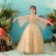 Elegant Gold Flower Girl Dresses 2018 A-Line / Princess Spaghetti Straps Long Sleeve Star Sequins Glitter Tulle Floor-Length / Long Ruffle Backless Wedding Party Dresses