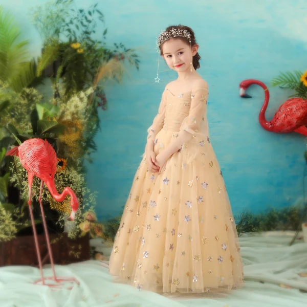 Elegant Gold Flower Girl Dresses 2018 A-Line / Princess Spaghetti Straps Long Sleeve Star Sequins Glitter Tulle Floor-Length / Long Ruffle Backless Wedding Party Dresses
