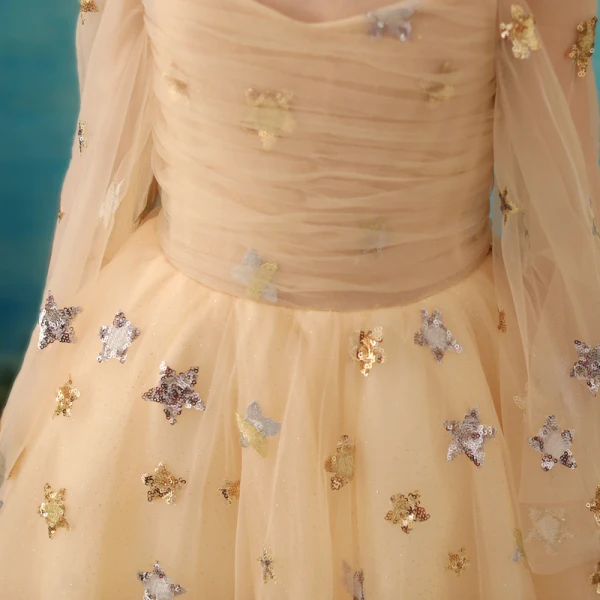 Elegant Gold Flower Girl Dresses 2018 A-Line / Princess Spaghetti Straps Long Sleeve Star Sequins Glitter Tulle Floor-Length / Long Ruffle Backless Wedding Party Dresses
