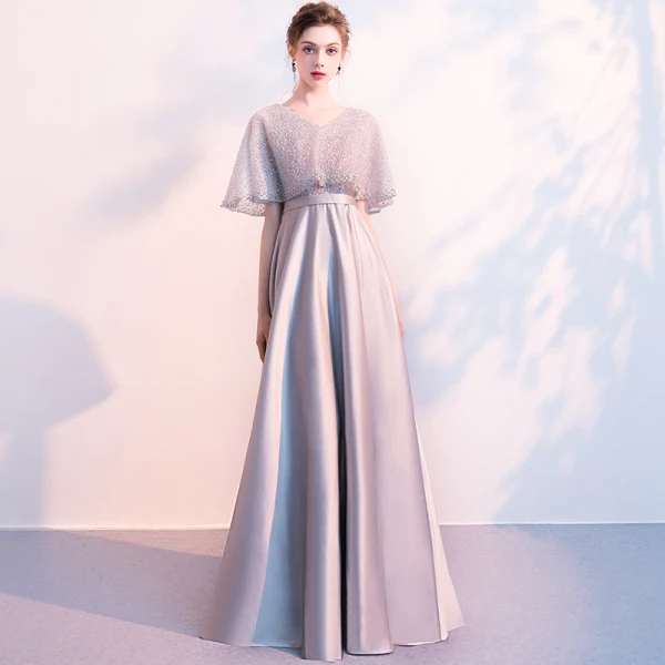 Stunning Grey Evening Dresses With Shawl 2018 Empire V-Neck Beading Floor-Length / Long Ruffle Backless Formal Dresses