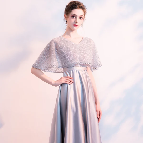 Stunning Grey Evening Dresses With Shawl 2018 Empire V-Neck Beading Floor-Length / Long Ruffle Backless Formal Dresses