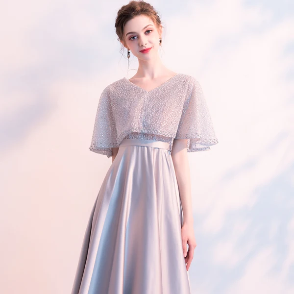 Stunning Grey Evening Dresses With Shawl 2018 Empire V-Neck Beading Floor-Length / Long Ruffle Backless Formal Dresses