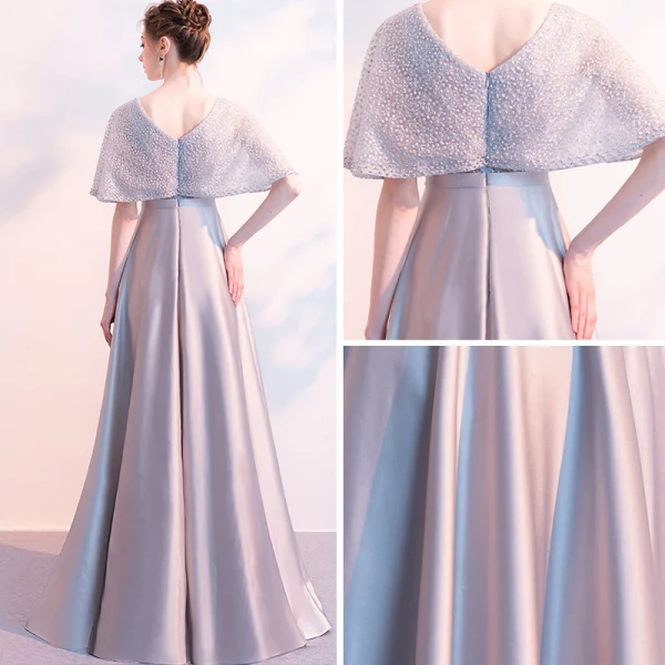 Stunning Grey Evening Dresses With Shawl 2018 Empire V-Neck Beading Floor-Length / Long Ruffle Backless Formal Dresses