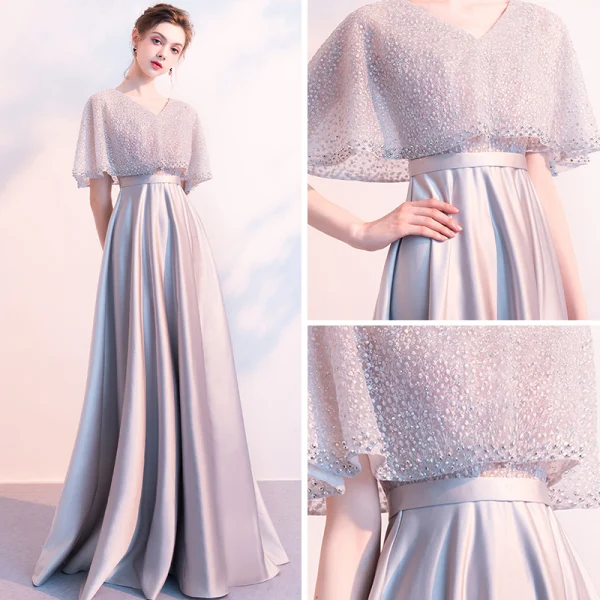 Stunning Grey Evening Dresses With Shawl 2018 Empire V-Neck Beading Floor-Length / Long Ruffle Backless Formal Dresses