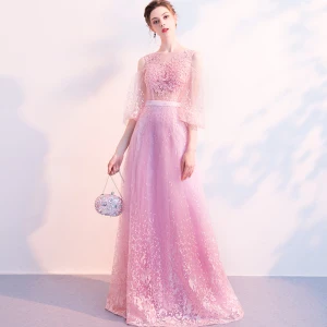 Illusion Rose Bonbon Transparentes Robe De Soirée 2018 Princesse Gonflée 3 4 Manches Encolure Carrée Appliques En Dentelle Ceinture Longue Volants Robe De Ceremonie