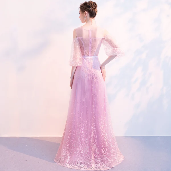 Illusion Rose Bonbon Transparentes Robe De Soirée 2018 Princesse Gonflée 3/4 Manches Encolure Carrée Appliques En Dentelle Ceinture Longue Volants Robe De Ceremonie