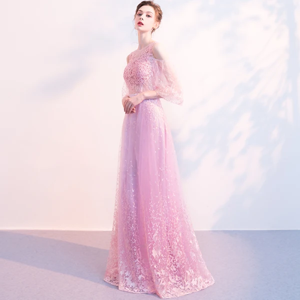 Illusion Rose Bonbon Transparentes Robe De Soirée 2018 Princesse Gonflée 3/4 Manches Encolure Carrée Appliques En Dentelle Ceinture Longue Volants Robe De Ceremonie