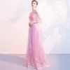 Illusion Candy Pink See-through Evening Dresses  2018 A-Line / Princess Puffy 3/4 Sleeve Square Neckline Appliques Lace Sash Floor-Length / Long Ruffle Formal Dresses