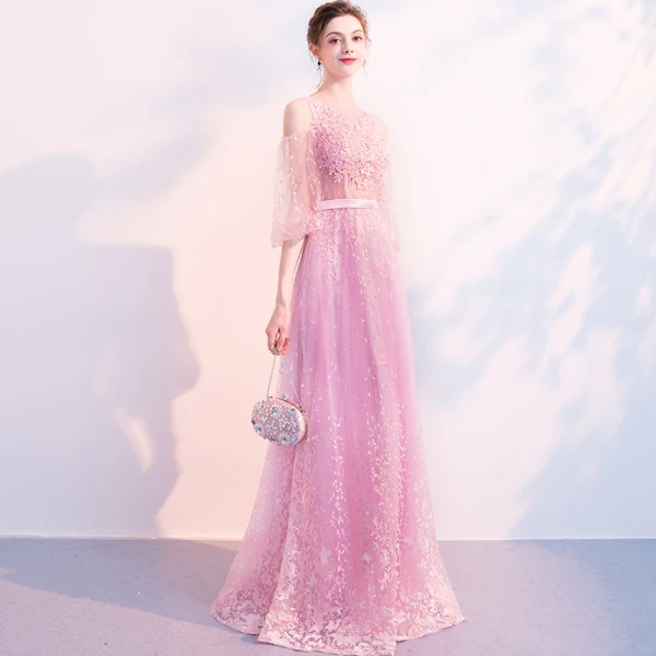 Illusion Rose Bonbon Transparentes Robe De Soirée 2018 Princesse Gonflée 3/4 Manches Encolure Carrée Appliques En Dentelle Ceinture Longue Volants Robe De Ceremonie