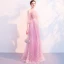 Illusion Rose Bonbon Transparentes Robe De Soirée 2018 Princesse Gonflée 3/4 Manches Encolure Carrée Appliques En Dentelle Ceinture Longue Volants Robe De Ceremonie