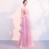 Illusion Candy Pink See-through Evening Dresses  2018 A-Line / Princess Puffy 3/4 Sleeve Square Neckline Appliques Lace Sash Floor-Length / Long Ruffle Formal Dresses
