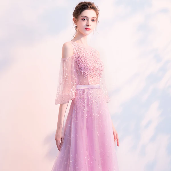 Illusion Rose Bonbon Transparentes Robe De Soirée 2018 Princesse Gonflée 3/4 Manches Encolure Carrée Appliques En Dentelle Ceinture Longue Volants Robe De Ceremonie